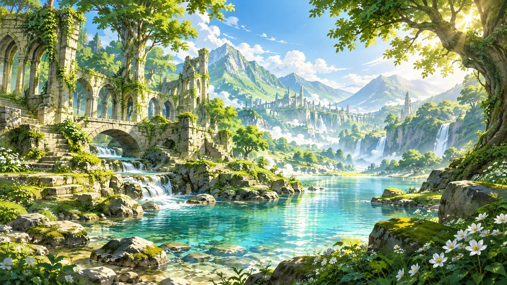Sunlit forest concept artwork for the Asterfall project presentation.