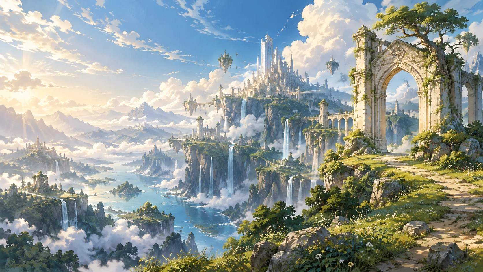 A sunlit archway overlooking azure valleys, waterfalls and a distant fantasy city.