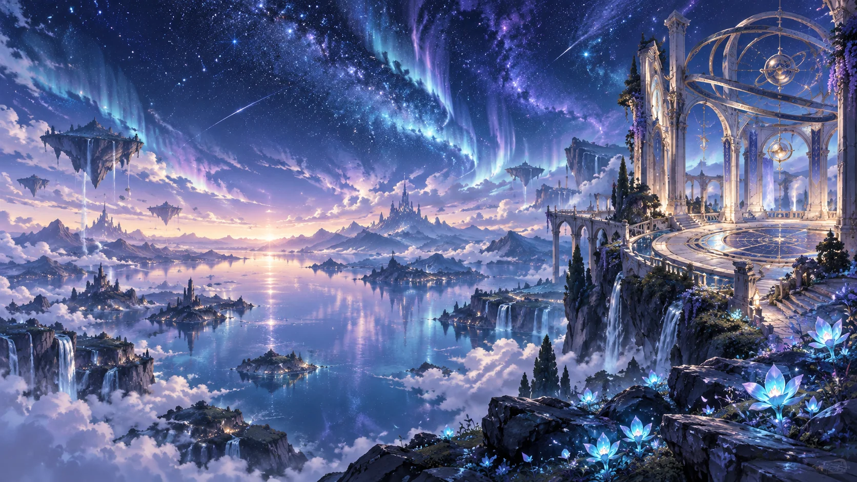 A celestial observatory overlooks a lake under stars and a blue-violet aurora.